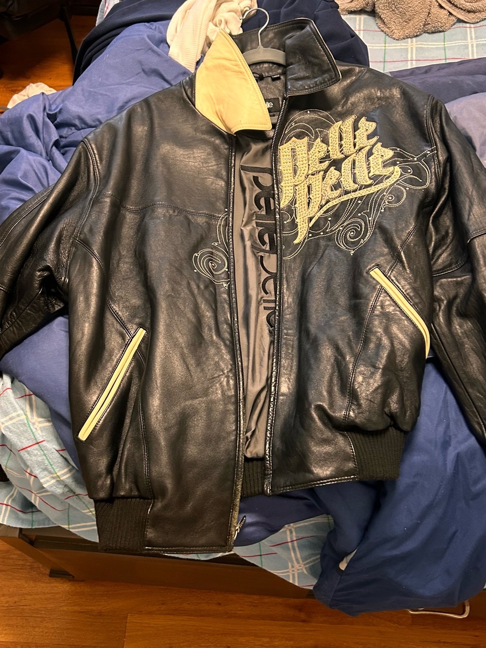 Pelle Pelle Black Leather Bomber Jacket with Yellow Trim and Embroidered Logo